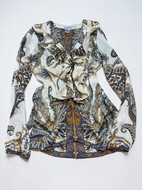 Y2K Cache Paisley Ruffle Blouse Small Boho Romantic Peasant Top S